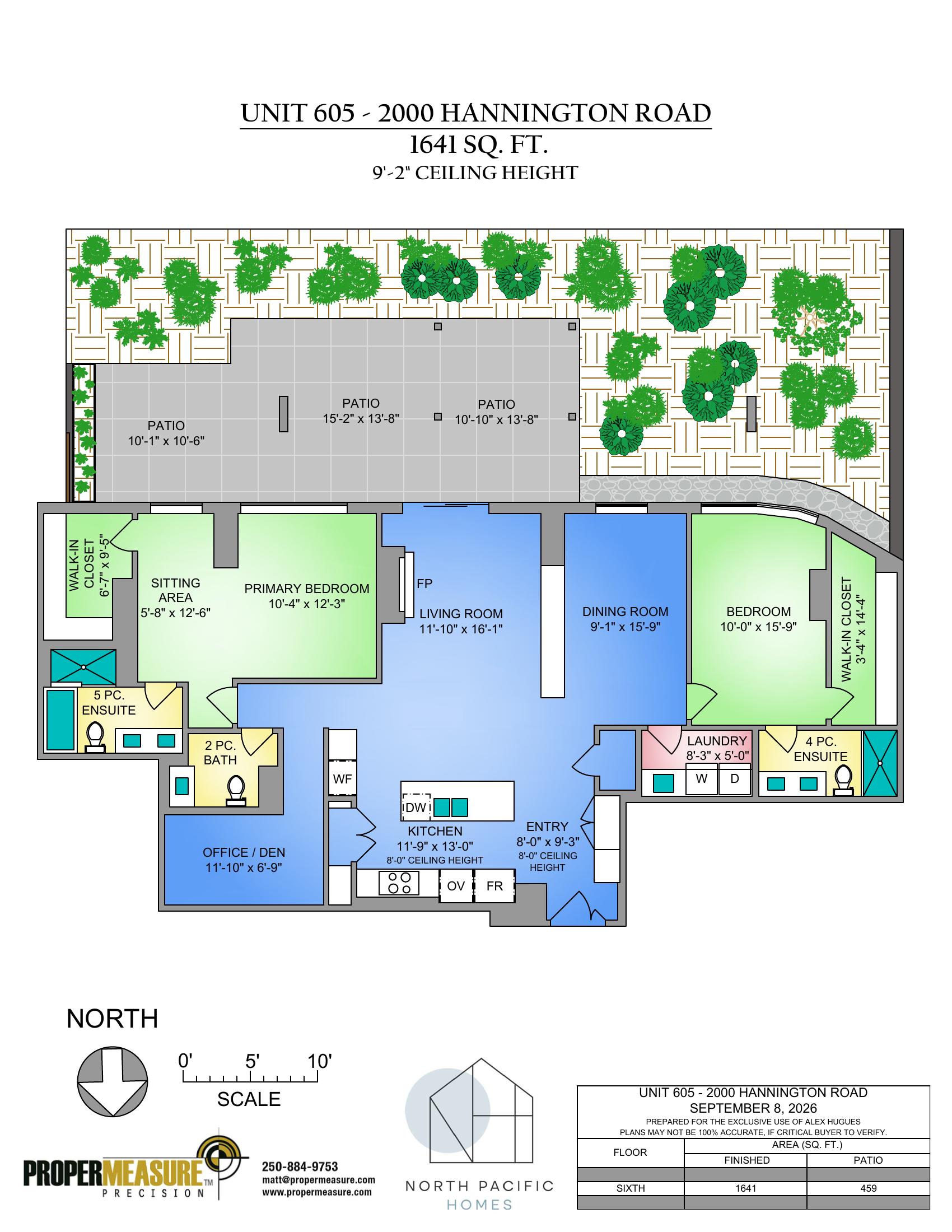 Architectural floor plan showing 1,700 finished sq ft, two bedroom suites, den, three bathrooms, open living area, kitchen, laundry, and three patios